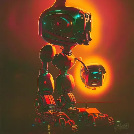 Prompt: a dark and colorful close - up of a sci - fi mecha courage the cowardly dog with led lights glowing fog in the background. highly detailed science fiction painting by norman rockwell, frank frazetta, and syd mead. rich colors, high contrast, gloomy atmosphere, dark background. trending on artstation