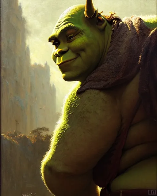 Image similar to a half body portrait of shrek, high detail, cleary see face, by gaston bussiere, bussiere rutkowski andreas rocha, bayard wu, greg rutkowski, odd nerdrum, maxim verehin, dan dos santos, masterpiece, sharp focus, cinematic lightning