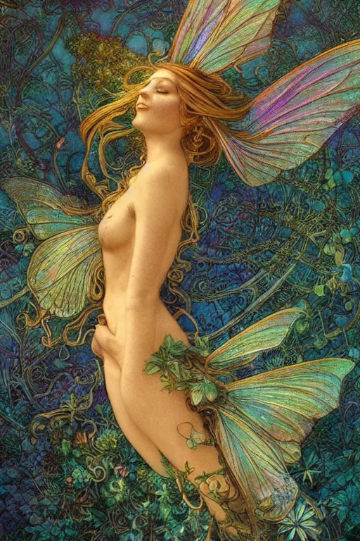 Image similar to a faerie, golden ratio, detailed, rainbowshift, by jean - baptiste monge and maxfield parrish and artgerm