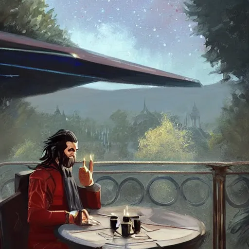 Prompt: klingon sitting at outdoor table at vintage paris cafe, digital painting, greg rutkowski, john howe.