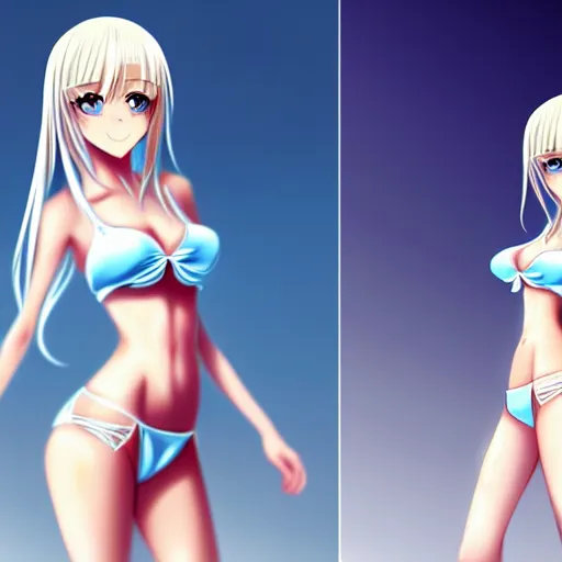 Image similar to tiny father a tall daughter picture : a very beautiful young blond anime girl, sky blue eyes, bikini, white miniskirt, highly detailed, cinematic wallpaper by stanley artgerm lau