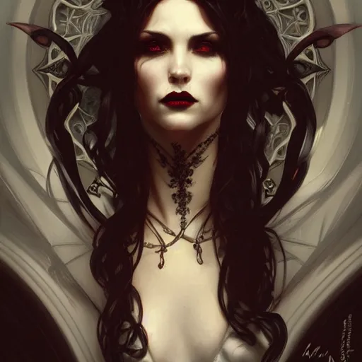 Image similar to elegant victorian vampire, portrait, intricate, elegant, gothic, sensuel, highly detailed, digital painting, artstation, concept art, rough, sharp focus, illustration, art by joe madureire and artgerm and greg rutkowski and alphonse mucha