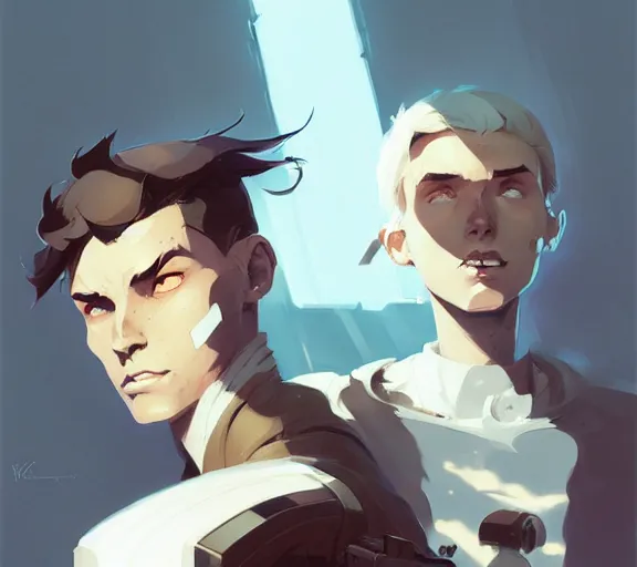 Image similar to portrait jayce and viktor, arcane, by atey ghailan, by greg rutkowski, by greg tocchini, by james gilleard, by joe fenton, by kaethe butcher, dynamic lighting, gradient light blue, brown, blonde cream and white color scheme, grunge aesthetic