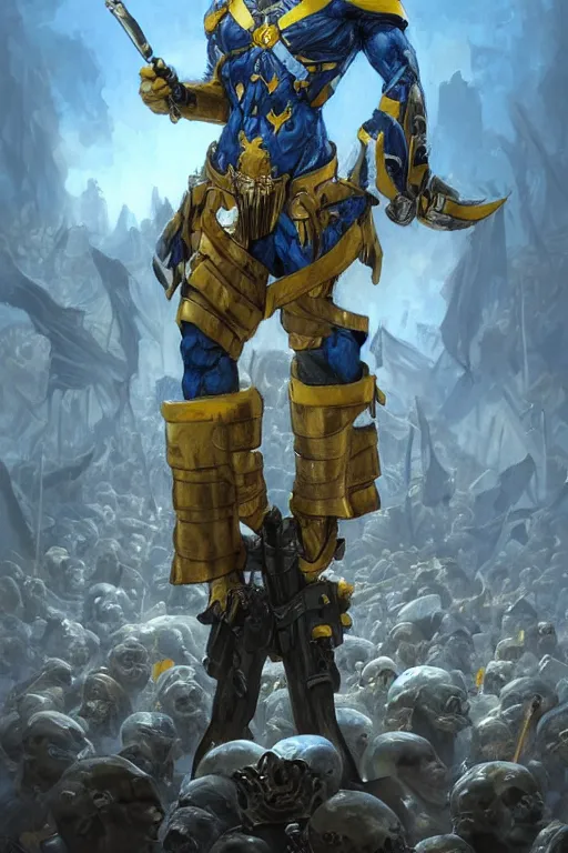 Prompt: A military super soldier with a blue and yellow flag behind him is standing on a pile of skulls in triumph, front view, handsome, fantasy, intricate, elegant, highly detailed, digital painting, trending on artstation, concept art, smooth, sharp focus, illustration, oil painting, art by artgerm and greg rutkowski, 8k