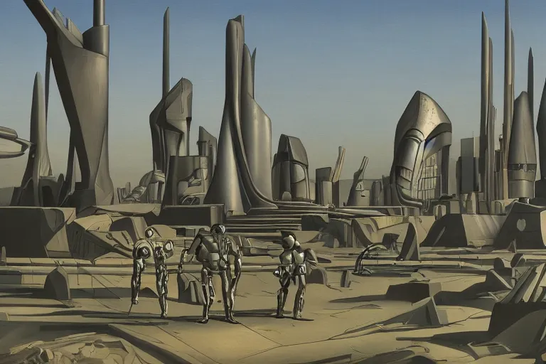 Image similar to cyborgs wander cybernetic architecture alien scifi landscape concept art by giorgio de chirico