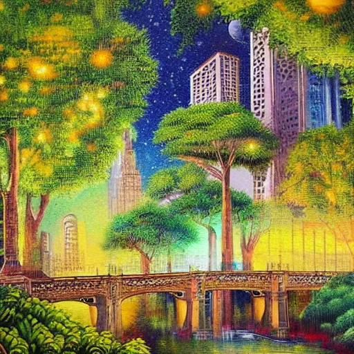 Image similar to Beautiful city of the future in harmony with nature. Beautiful detailed grainy painting by Lurid. (2022)