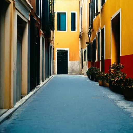 Image similar to kodak portra 8 0 0, flickr photograph view of a calm hallway street street with blue roses in downtown neo - venezia in a dreamy afternoon, a corner shop can be seen