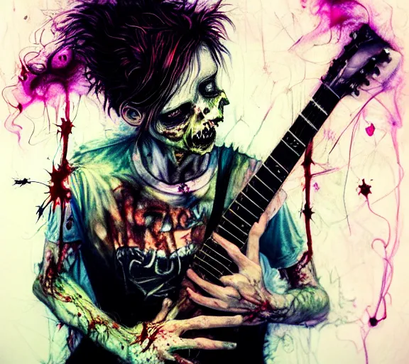 Image similar to zombie punk rocker playing guitar by agnes cecile, brian froud, intricated details, full body portrait, extremely luminous bright design, horror, pastel colours, toxic drips, autumn lights, rule of thirds by francis tneh