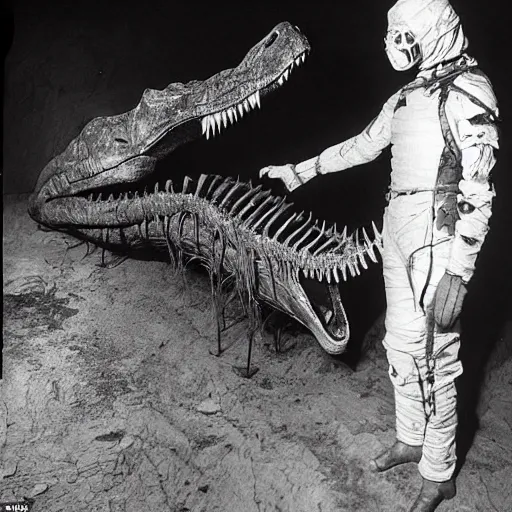 Prompt: a mummified t-rex corpse found in the artic with a man standing next to the t-rex corpse and waving at the camera, he is wearing a white full body suit, taken by a ww2 camera.