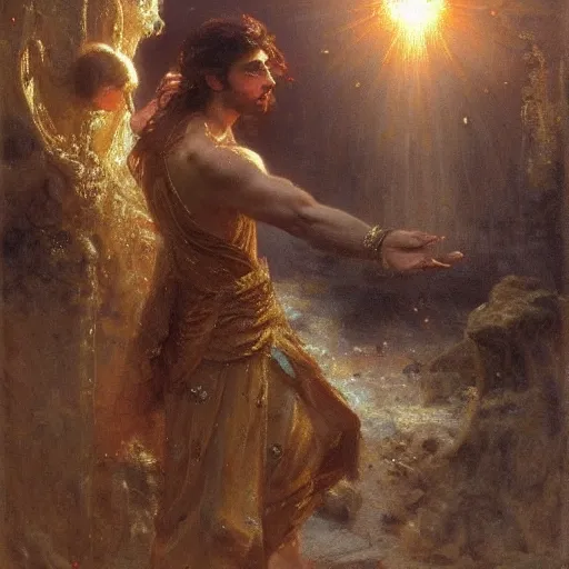 Prompt: a handsome slender young man with wavy brown hair summons a ball of light into his hand. dramatic. cinematic. holy. saintly. demigod. lord of light. gaston bussiere. geoffroy thoorens