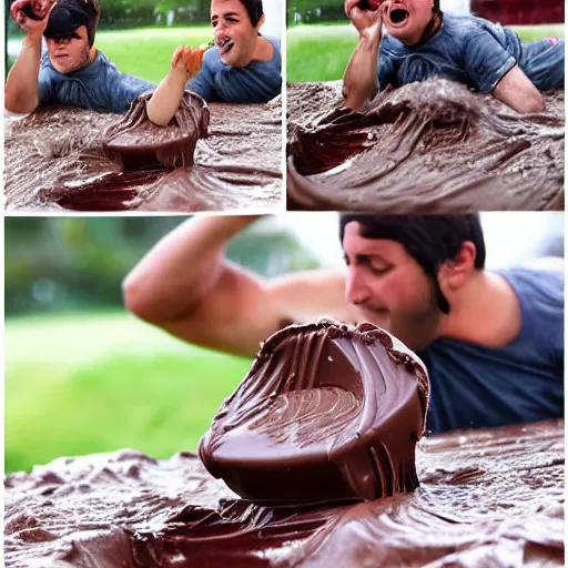 Image similar to person sliding through chocolate pudding head first, slip n slide, professional photo, funny