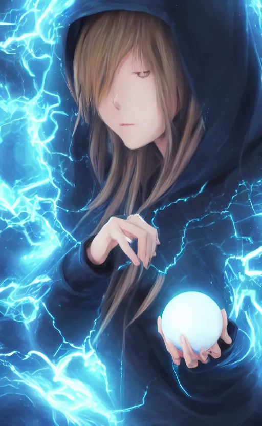 Image similar to anime girl with wavy white hair in a hoodie holding an electric ball, WLOP, concept art, digital painting, trending on artstation, highly detailed, epic composition, 8k UHD