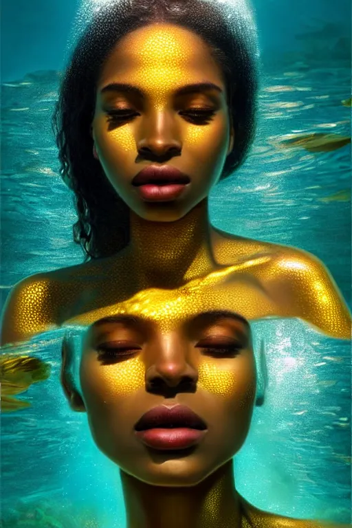 Image similar to hyperrealistic cinematic half underwater scene very expressive! translucent elegant african goddess, gold jewerly, highly detailed face, digital art masterpiece, aykut aydogdu zener, dramatic volumetric light, long shot, low angle uhd 8 k, sharp focus