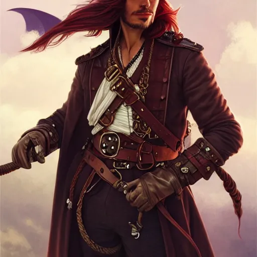 Image similar to male airship pirate, D&D, handsome, side profile, fantasy, intricate, long hair, leather coat, airship, steampunk, red hair, elegant, highly detailed, digital painting, artstation, concept art, smooth, sharp focus, illustration, art by artgerm and greg rutkowski and alphonse mucha