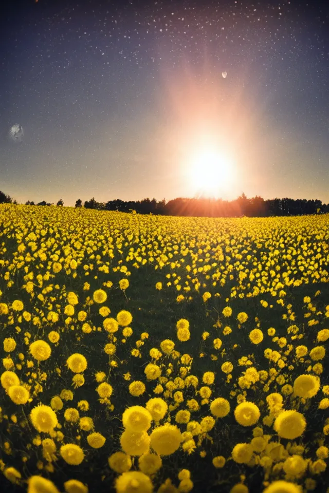 Prompt: low angle, shot from below. f 1. 8, 1 6 mm, lens flare, helios lens, glow, bokeh. summer sunrise, morning summer sky. field of big frozen yellow flowers. moon, photorealistic, romantic, raytrace, volumetric light