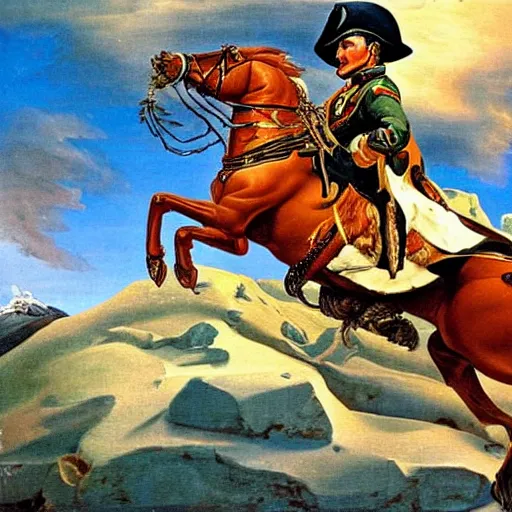 Prompt: Napoleon Crossing the Alps on a Harley Davidson , Salvador Dali style , oil painting