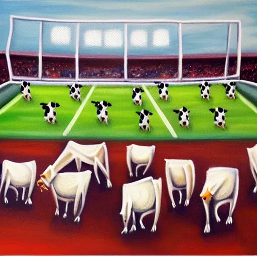 Image similar to painting of soccer game played by cows