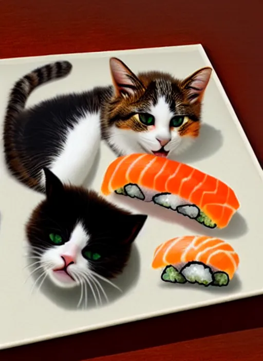 Image similar to clear photorealistic picture of adorable cats made out of sushi