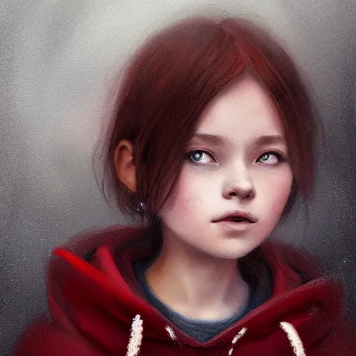 Image similar to a cute tiny girl with short red hair wearing a hoodie, digital art, very beautiful face, pretty face, very detailed eyes, full body illustration, 8 k resolution, soft painting, by greg rutkowski, wlop, rossdraws,