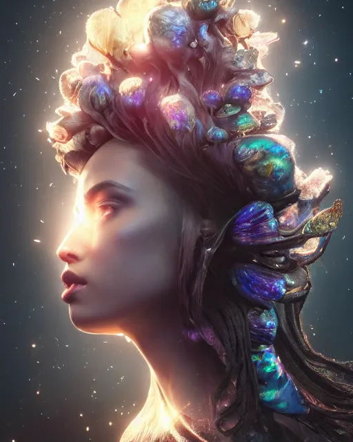 Image similar to beauteous sumptuous dark empress with incredible iridescent pearlescent voluminous hair, photorealistic crystalline masterpiece incrustations, hyperdetailed kind face, elegant pose, movie still, cinematic forest lighting, intricate accuracy, octane render, cgsociety, artgerm, unreal engine, crepuscular rays, god rays
