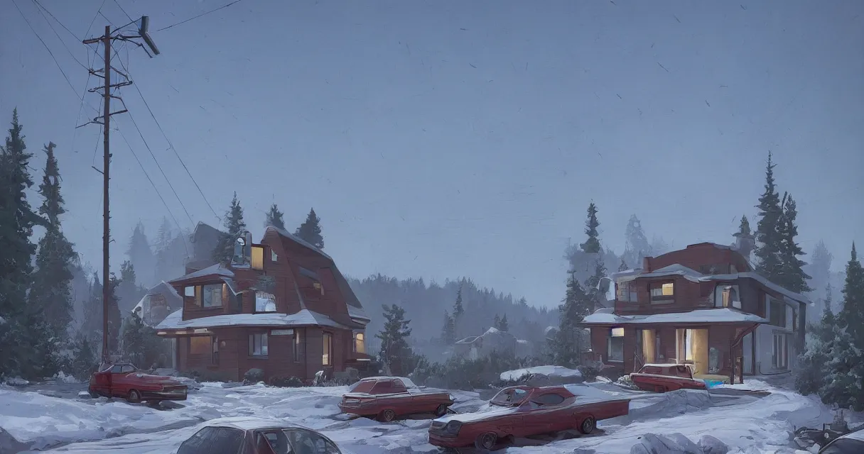 Prompt: A suburban home with a car parked out front. A colossal robot looms on the horizon beautiful beautiful beautiful painting, simon stalenhag, tales from the loop, trending on artstation