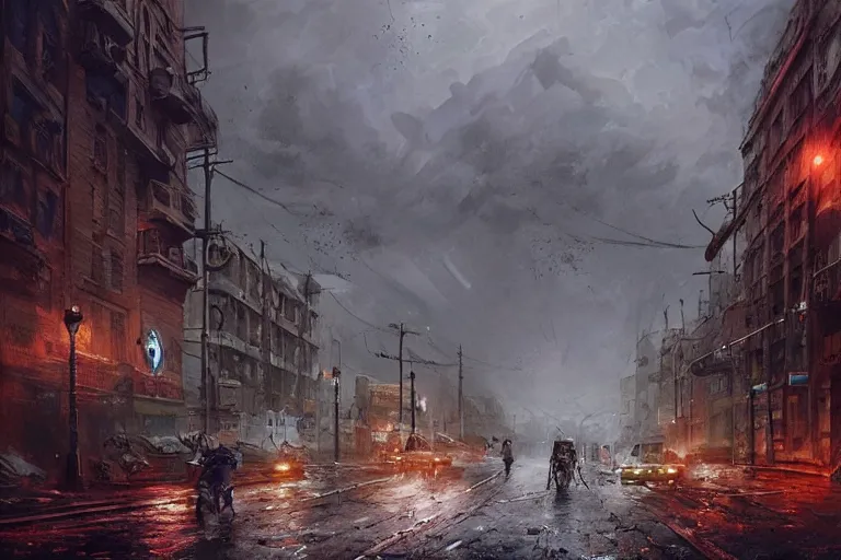 Prompt: the post-apocalyptic streets of London during a heavy thunderstorm, concept art, hyperdetailed, trending on artstation