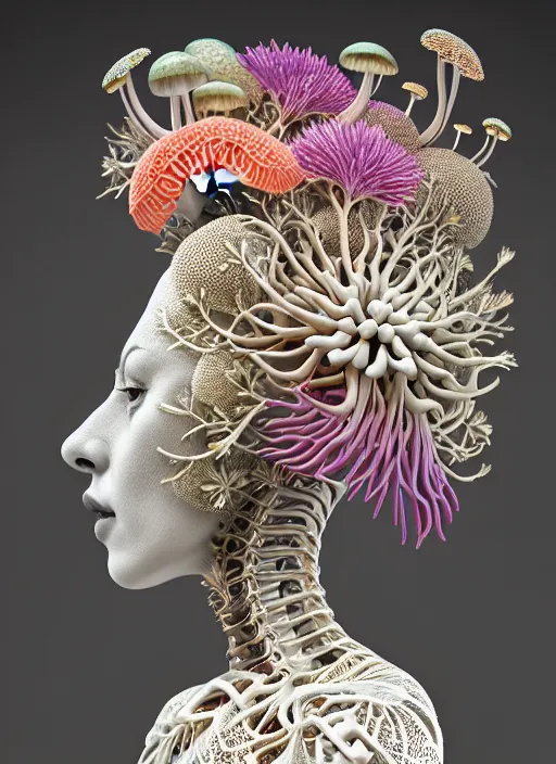 Prompt: intricate hyper detailed ultra sharp porcelain beautiful woman biomechanical cyborg, analog, beautiful natural soft light, large leaves and floral stems, roots, laser cut lace, daisies, colorful puffballs, huge fractal mushrooms, rhizomorphs, brackets, sponge corals, iris van harpen haute couture, pearl earring, intricate details, octane render, volumetric lighting, 8 k