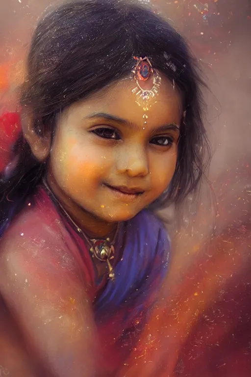 Image similar to hindu little girl, joyful, close - up portrait, intricate, elegant, volumetric lighting, scenery, digital painting, highly detailed, artstation, sharp focus, illustration, concept art, ruan jia, steve mccurry