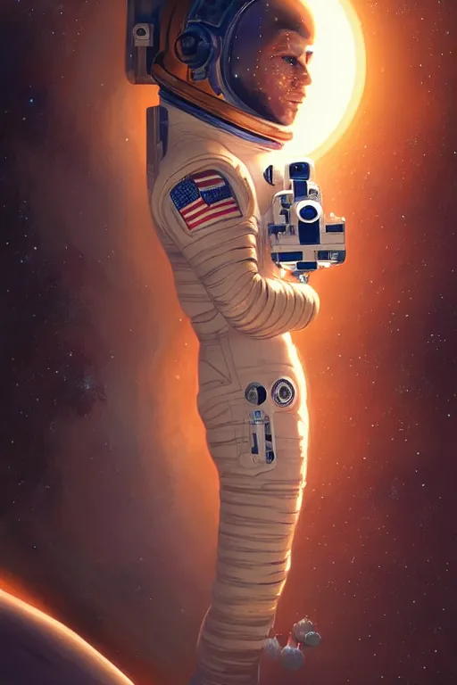Image similar to a female astronaut on mars, face painting, dramatic lighting, intricate, wild, highly detailed, digital painting, artstation, concept art, smooth, sharp focus, illustration, art by artgerm and greg rutkowski and alphonse mucha, footage from space camera
