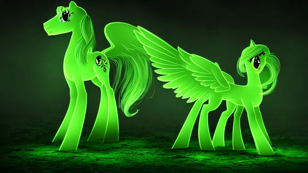 Image similar to 3D Fluttershy from My Little Pony as a necromancer, standing over a dead pony, bright green swirls coming up around her, glowing aura, pitch black background, dramatic and colorful lighting, she is surrounded by green chibi glowing skulls, smoke all around, unrealengine, 4k, HDR