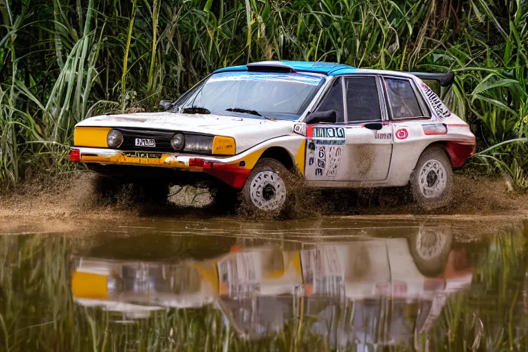 Prompt: a group B rally car driving around over a wooden bridge in the Cambodian swamps, high-speed sports photography