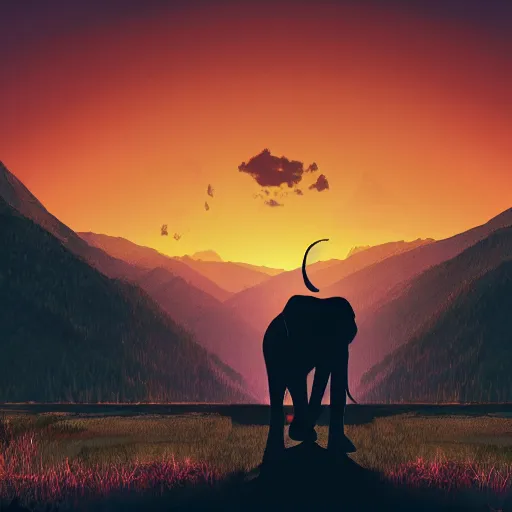 Image similar to a heroic elephant watching yesterday's sunset over the mountains in the style of synthwave, digital art, 4k