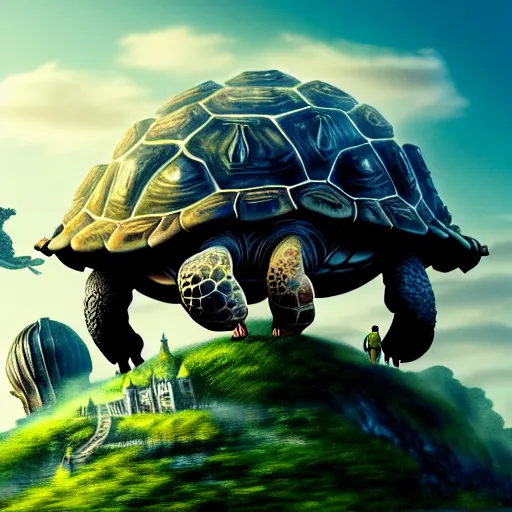 Prompt: giant tortoise walking with a large fantasy castle rising growing from the top of it, distant shot birds eye view, fantasy, hyper detailed, 4 k, howls moving castle, mortal engines,