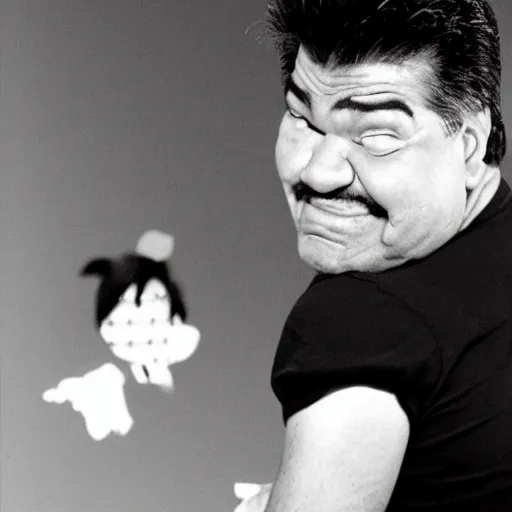 Prompt: George Lopez crying, black and white, sad