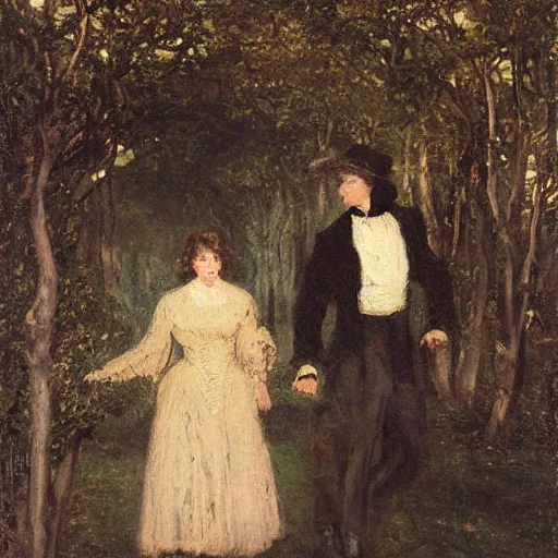 Image similar to young victorian man and woman traversing a dark maze, by alfred stevens