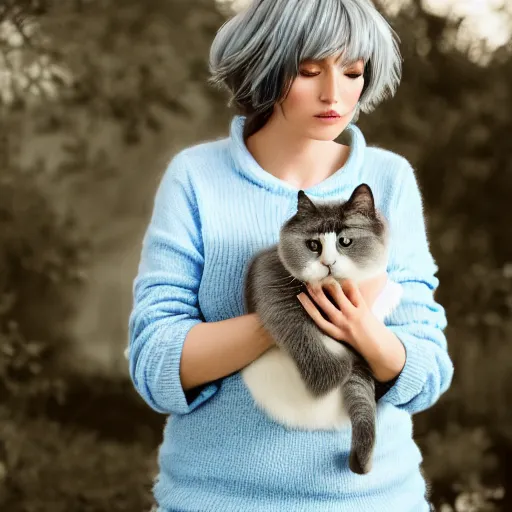 Prompt: A beautiful woman with light blue short messy hair with bangs holding a grey and white cat, full body portrait, highly detailed, excellent composition, dramatic lighting, realistic 4k