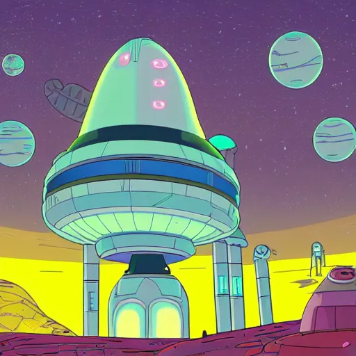 Prompt: retro sci-fi alien landscape spaceport in Rick and Morty style