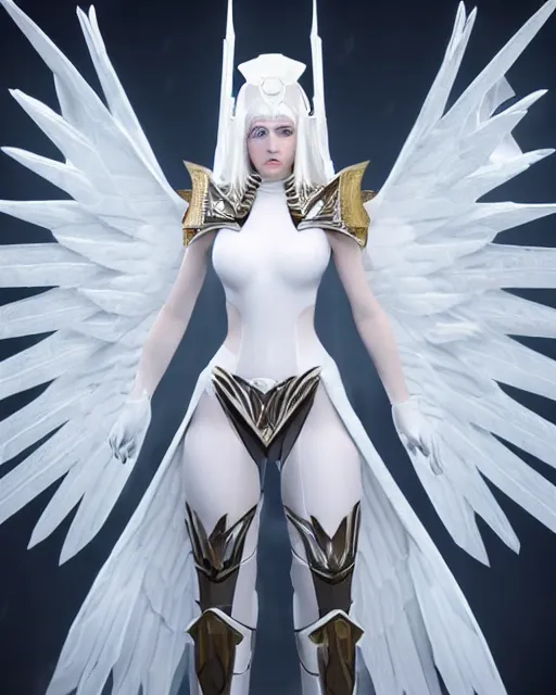 Image similar to perfect white haired attractive egyptian goddess with huge white dove wings, warframe armor, beautiful, symmetric, dreamy, charlize, pretty face, blue eyes, detailed, scifi platform, laboratory, experiment, 4 k, ultra realistic, epic lighting, android body, illuminated, cinematic, masterpiece, art by akihito tsukushi, voidstar