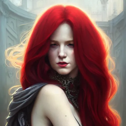 Image similar to long fancy red hair rogue, portrait, gentle, solemn face, cloth, female, city background, d & d, fantasy, intricate, elegant, digital painting, red green color palette, artstation, octane render, concept art, matte, sharp focus, illustration, herrarthstone, art by artgerm and greg rutkowski and alphonse mucha