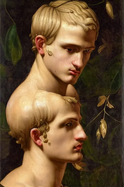 Image similar to renaissance painting of man, short blonde hair, thoughtful face, emotions closeup, dressed in roman armour, the beautiful garden with olive leaves, ultra detailed, art by Guido Reni style, Vincenzo Catena style