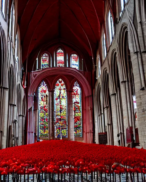 Prompt: inside the cathedral, a red mushroom grows on the thorns on the ground inside the church