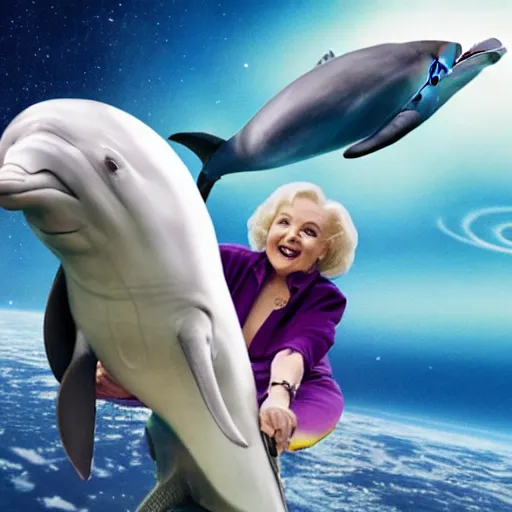 Prompt: betty white riding a saddled dolphin in space, 2 0 2 1 weta digital, cinematic vfx