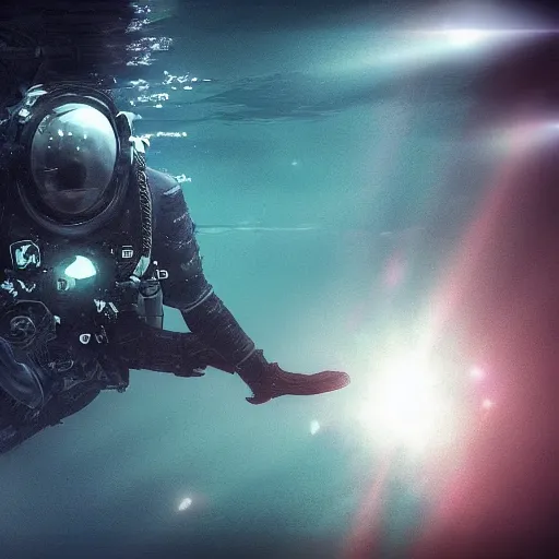 Prompt: infrared concept art diver astronaut in underwater futuristic dark and empty spaceship. complex and hyperdetailed technical suit design. reflection material. rays and dispersion of light breaking through the deep water. 3 5 mm, f / 3 2. noise film photo. flash photography. trend artstation