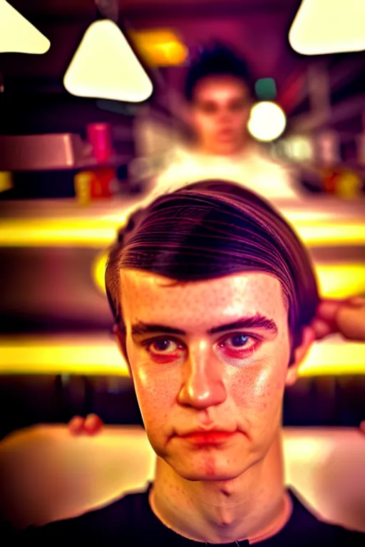 Image similar to an ultra high definition telephoto portrait cyberpunk 7 0 s diner film set photograph of a young man with short messy brown hair triangle head puffy cheeks narrow chin high cheek bones confused expression. wide angle close up. three point lighting. volumetric. refraction. imagined detail. soft focus ambient light sources. haze, light glare, art directed. filmic.