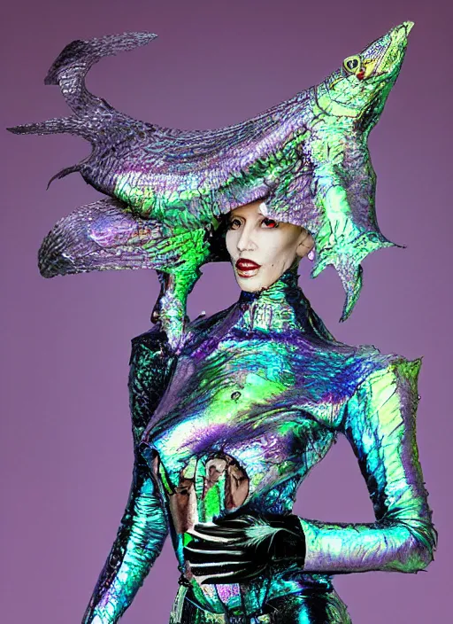 Image similar to an alien woman with iridescent shark skin, pirate weapons, by van herpen, iris