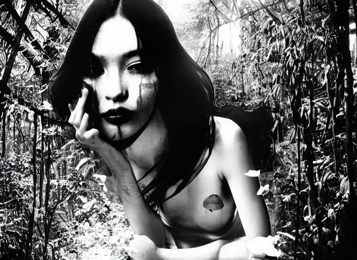 Image similar to a female model with long black hair, emerging from a dense misty jungle wearing camouflage by yohji yamamoto, in the style of daido moriyama, 3 5 mm film, camera obscura, double exposure