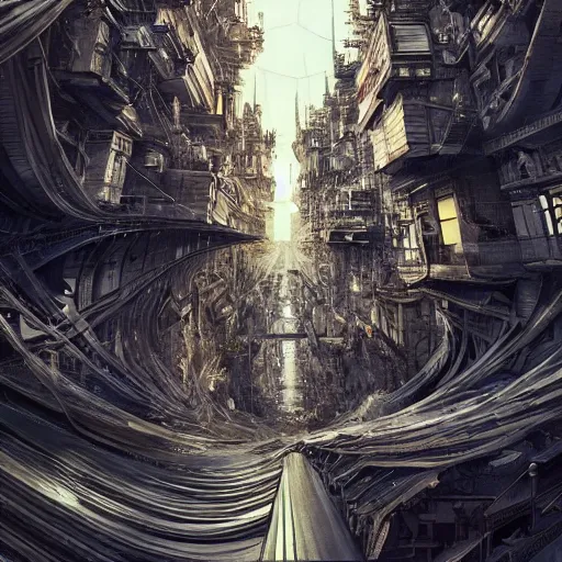 Image similar to annibale siconolfi, valerio arcesi, randie de la cruz, inward 3 d art dystopian future cityscape, intricate detailed futurism futuristic cybernetic neo - landscape, hyperrealism hyperdetailed, art nouveau architecture gothic, infinity inception style, 8 k