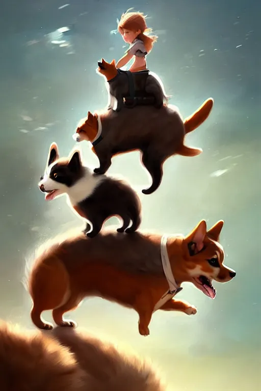 Image similar to tiny cat girl riding on the back of a giant corgi by greg rutkowski