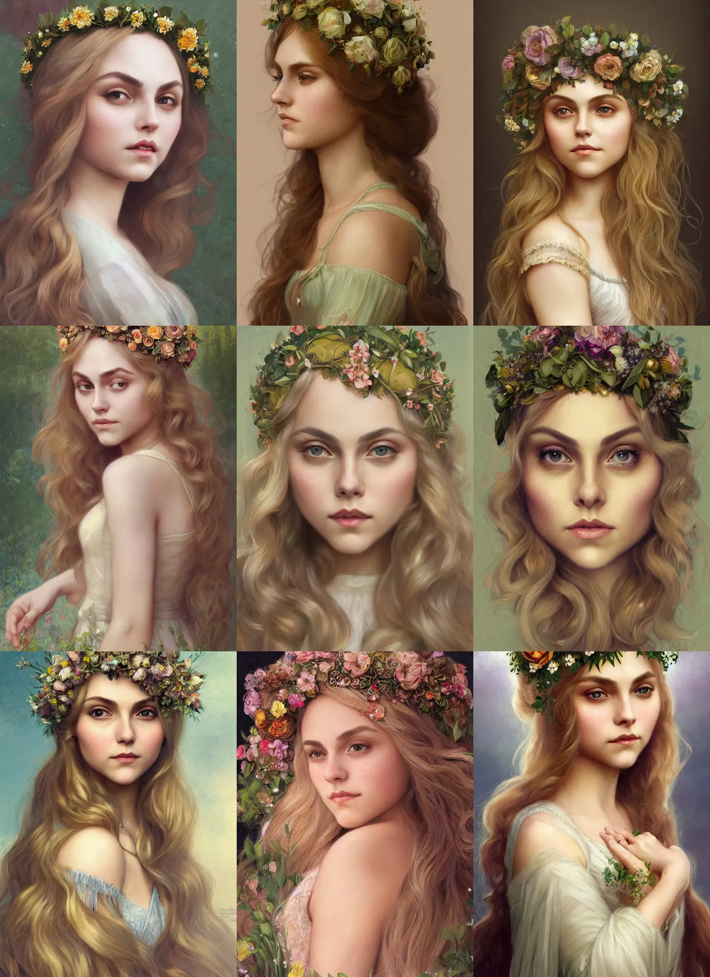 Prompt: portrait of Annasophia Robb wearing a floral crown, olive skin, long blond hair, intricate, elegant, highly detailed, digital painting, artstation, concept art, smooth, sharp focus, illustration, anna dittmann, mucha, bouguereau
