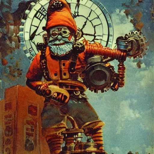 Image similar to bioshock steampunk orange mohawk Streetfighter Gnome Santa riding an intricate clockwork gearwork automaton springs gears bolts wires golem vehicle traveling stamp postcard winslow homer craig j. spearing thomas eakins